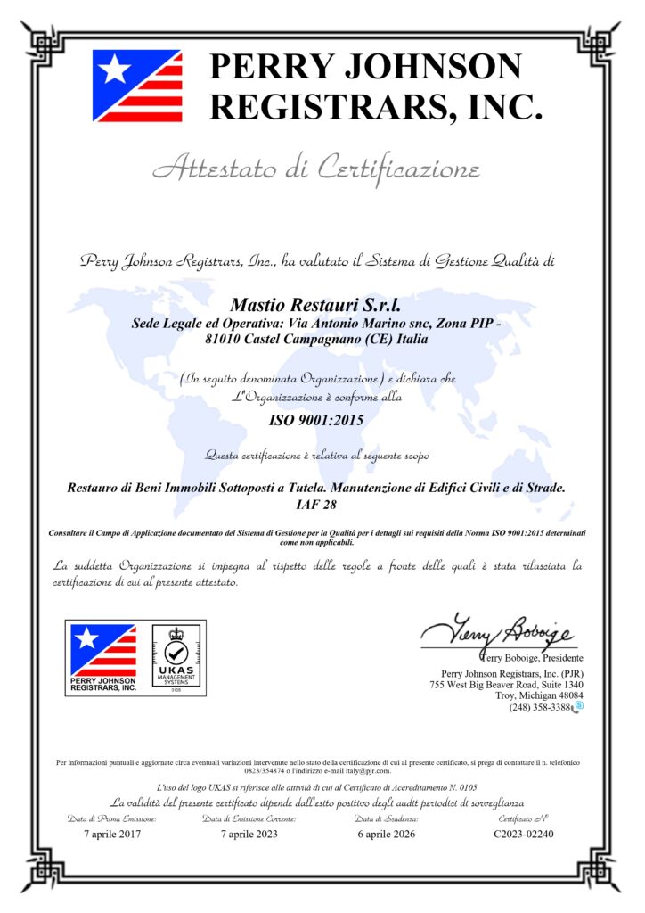 la ISO 9001 del 2015 della Mastio Restauri S.r.l.