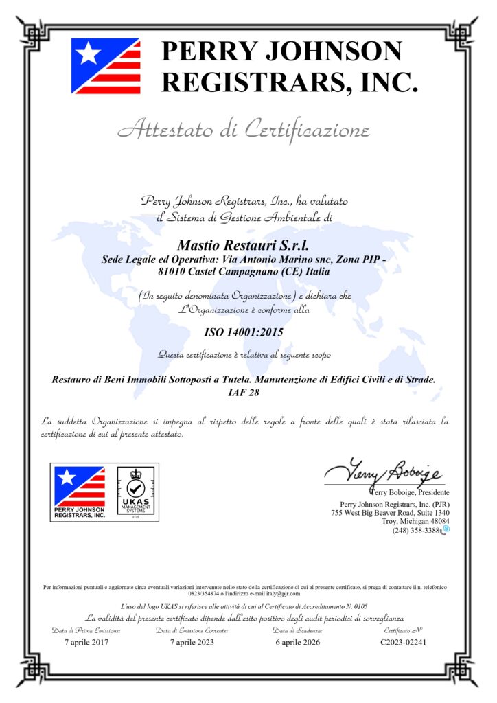 C2023 02241 ISO 14001 Mastio Restauri SRL page 0001 Mastio Restauri S.r.l. Leader nel restauro di beni vincolati